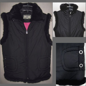 Black puffer vest S Genuine fur trim 50% down Zipper Snap pockets Insulated Fifi